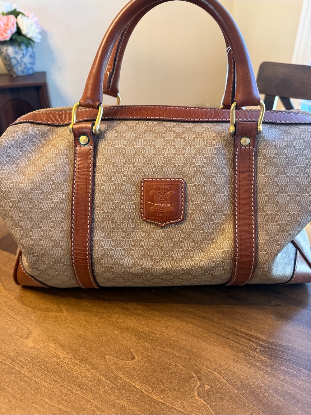 Celine Tan Monogram Canvas Duffel with Brown Leather Trim